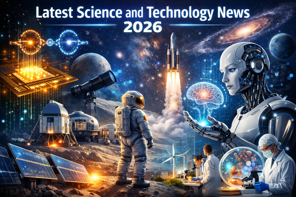 latest science and technology news 2026 illustration showing AI, quantum computing, space exploration, and biotech
