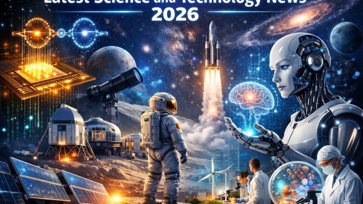 latest science and technology news 2026 illustration showing AI, quantum computing, space exploration, and biotech