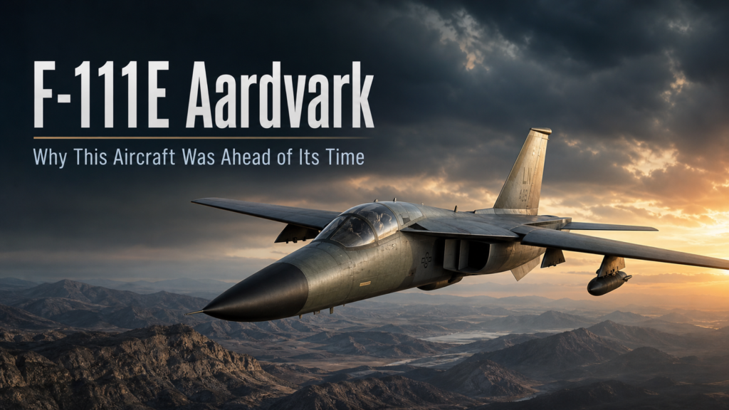 F-111E Aardvark swing-wing strike aircraft flying low over mountains at sunset